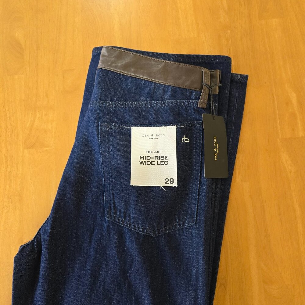 Rag & Bone Lori Mid-Rise Wide Leg Jeans Dark Rinse Faux Leather Trim Size 29 NWT - Picture 1 of 9